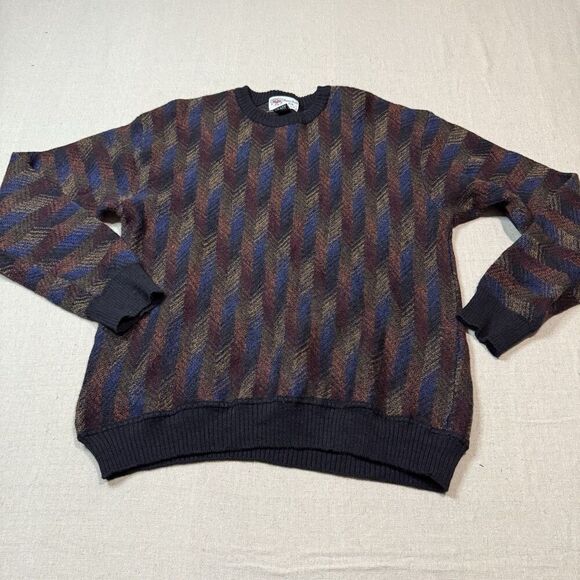 Vintage Hamer Reed Merino Wool Sweater Mens XL Suede Elbow Patch Navy Burgundy - Picture 2 of 7